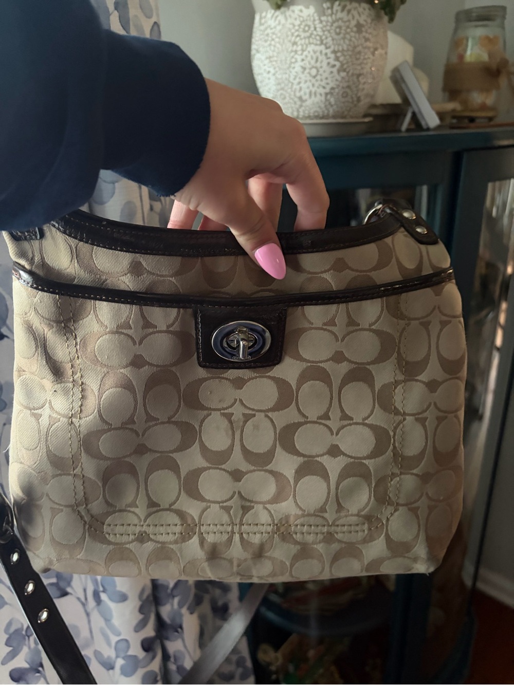 Coach Tan/Khaki Signature Canvas Shoulder Bag with Brown Trim